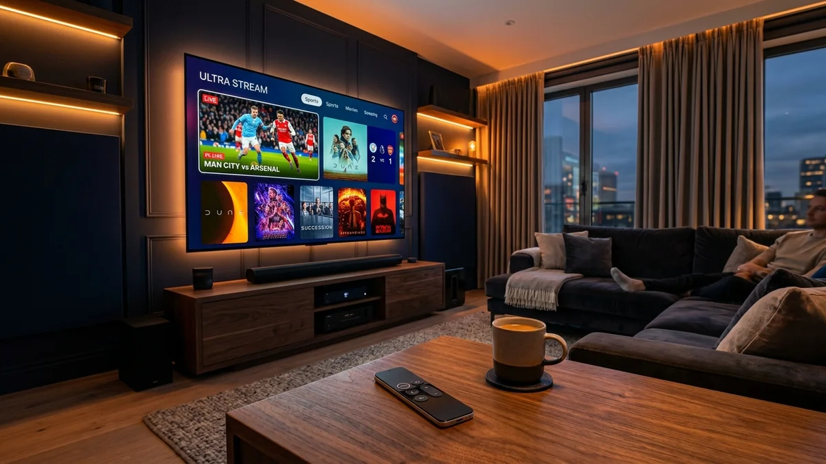 A luxurious modern living room with an OLED TV displaying a premium 4K IPTV sports and movie streaming interface.