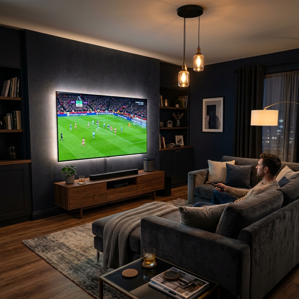 A modern, dimly lit living room with a large, sleek smart TV mounted on the wall displaying a vibrant, high-quality sports broadcast.