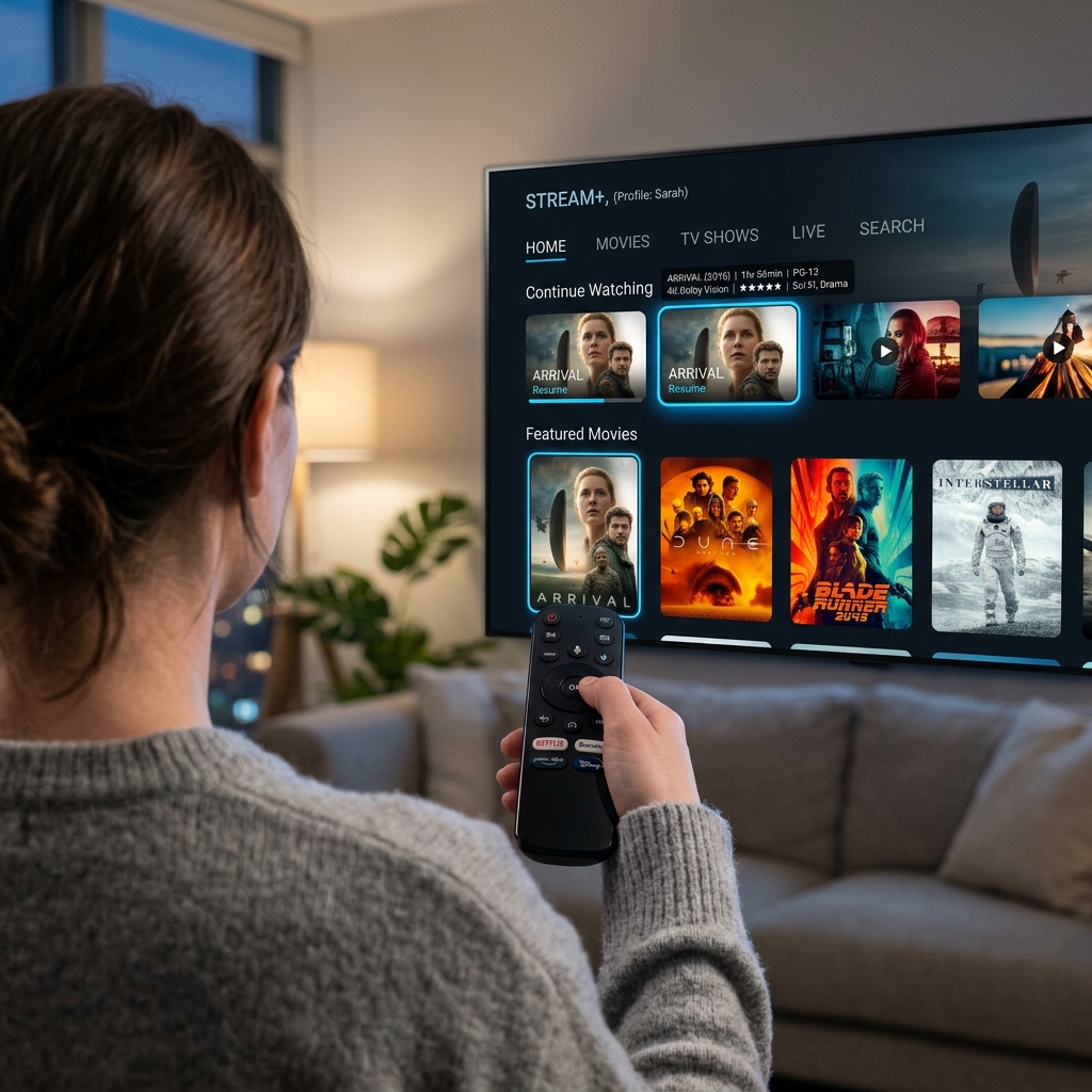 A close-up, over-the-shoulder shot of a person holding a modern TV remote, navigating a clean, user-friendly streaming interface on a high-definition screen.