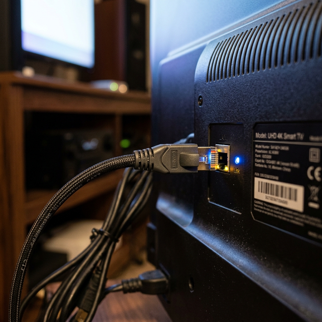 A sleek macro shot of a high-speed ethernet cable plugged into the back of a glowing modern smart TV.