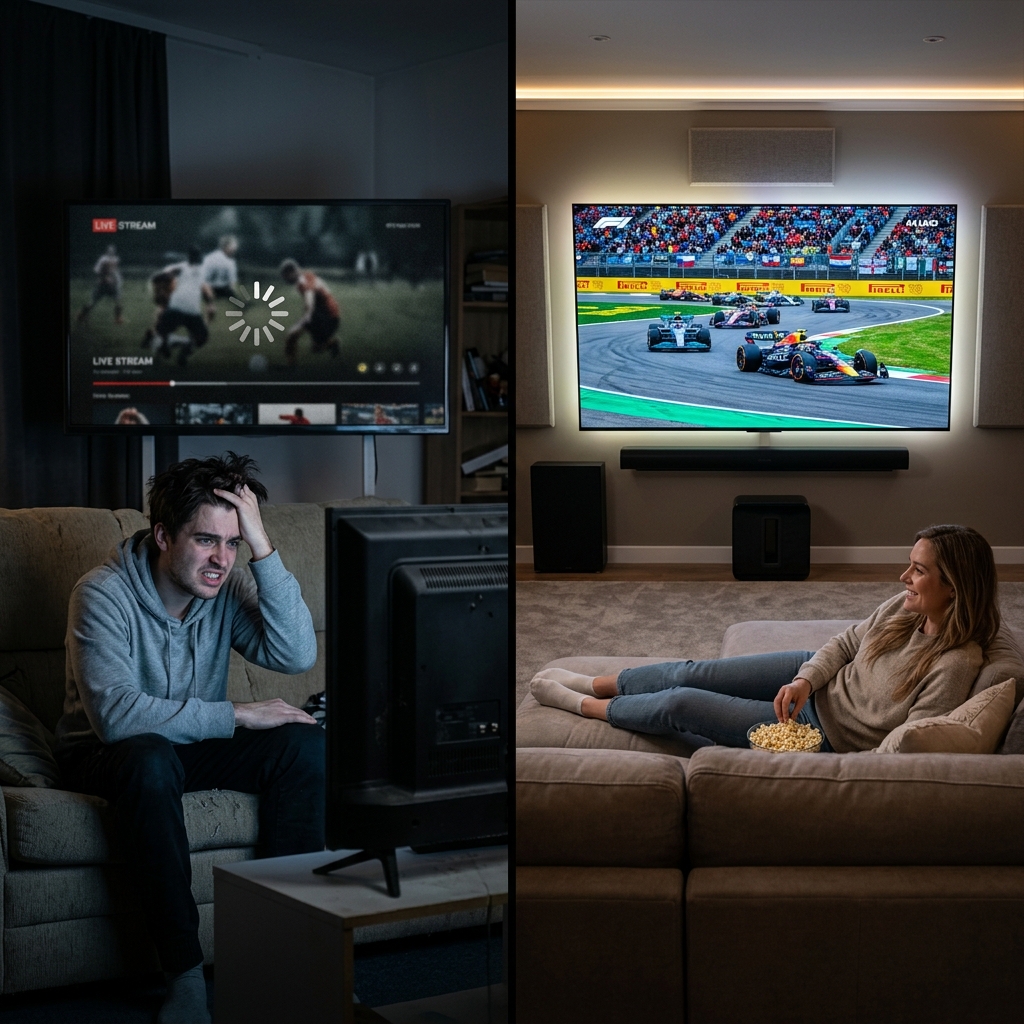 A split-screen graphic showing a frustrated user watching a buffering free stream versus a relaxed user enjoying a crisp 4K paid broadcast.