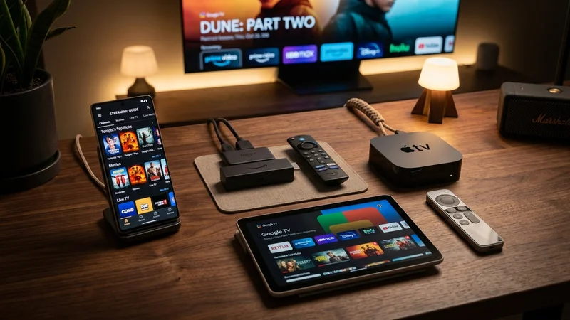 Modern streaming device ecosystem featuring Amazon Firestick 4K, Apple TV, tablet, and smartphone displaying IPTV guides.