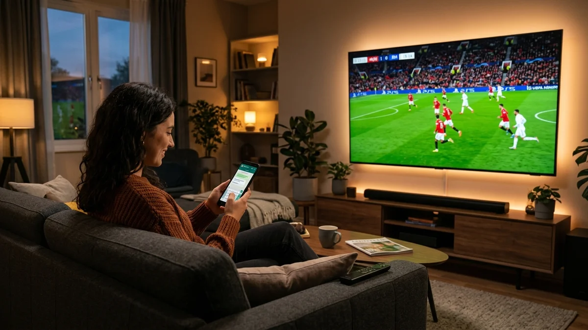 A viewer testing an IPTV free trial on a 4K home television while activating credentials via smartphone WhatsApp support.