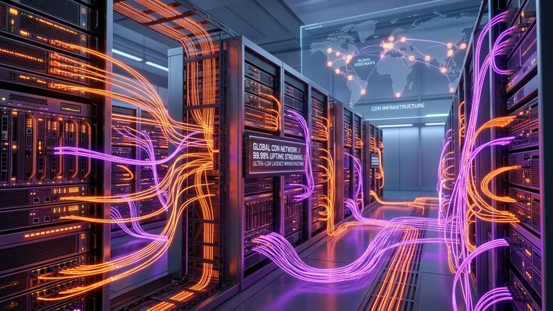 Glowing high-tech data center server racks visualizing global low-latency CDN network infrastructure for IPTV.