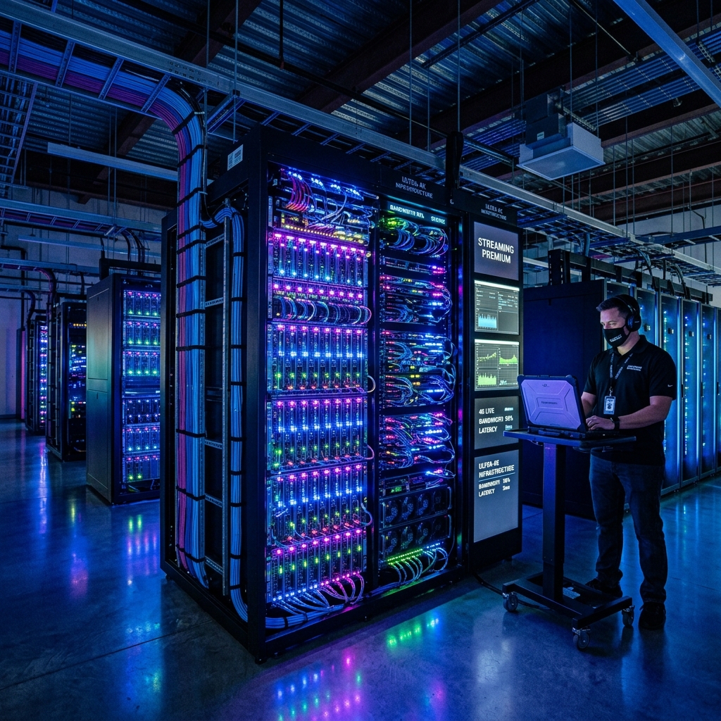A massive, glowing server rack in a high-tech data center representing premium streaming infrastructure.