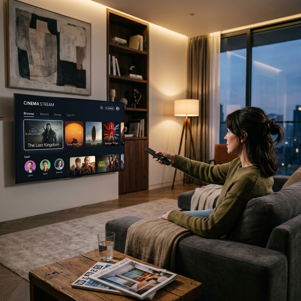 A person holding a remote control pointing at a modern smart TV displaying a sleek streaming app interface.