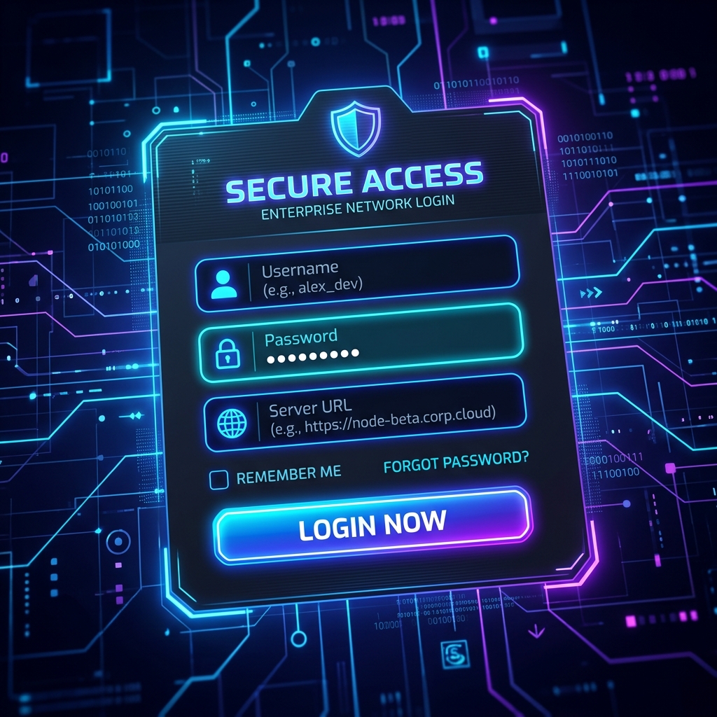 A stylized digital graphic showing a secure login screen with fields for username, password, and server URL.