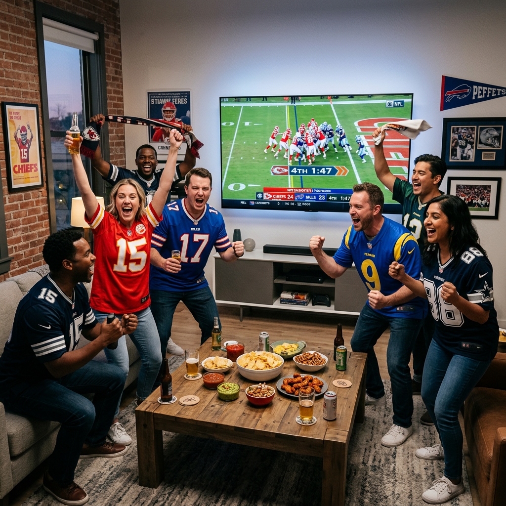Passionate sports fans wearing jerseys, cheering in a modern living room while watching a game