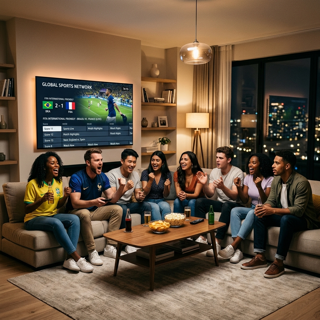 A group of friends enthusiastically watching an international soccer match on a smart TV