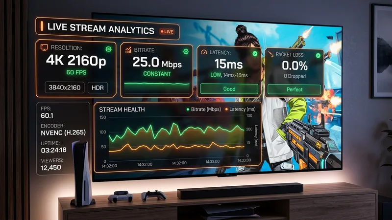 Live stream performance analytics dashboard showing 4K 60fps resolution, 25 Mbps constant bitrate, and 0% packet loss.