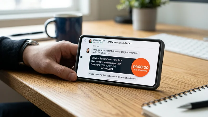 A smartphone displaying instant delivery of IPTV trial credentials and login details via customer support chat.