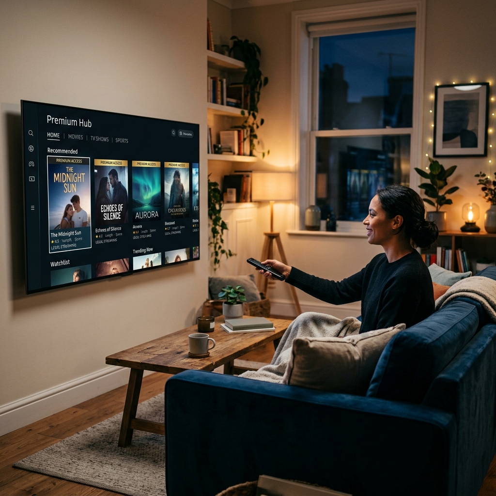 A person confidently navigating a legal IPTV streaming application on a modern smart television.