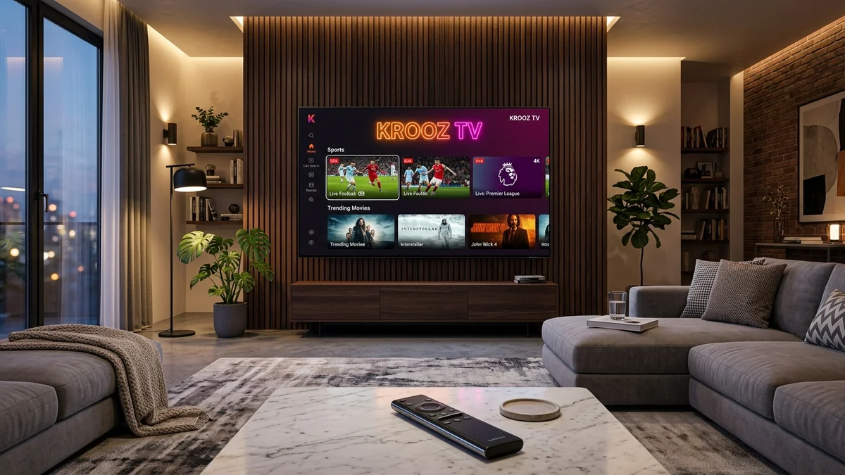 Living room home theater featuring a modern Samsung and LG Smart TV running the Krooz TV live streaming interface in 4K.
