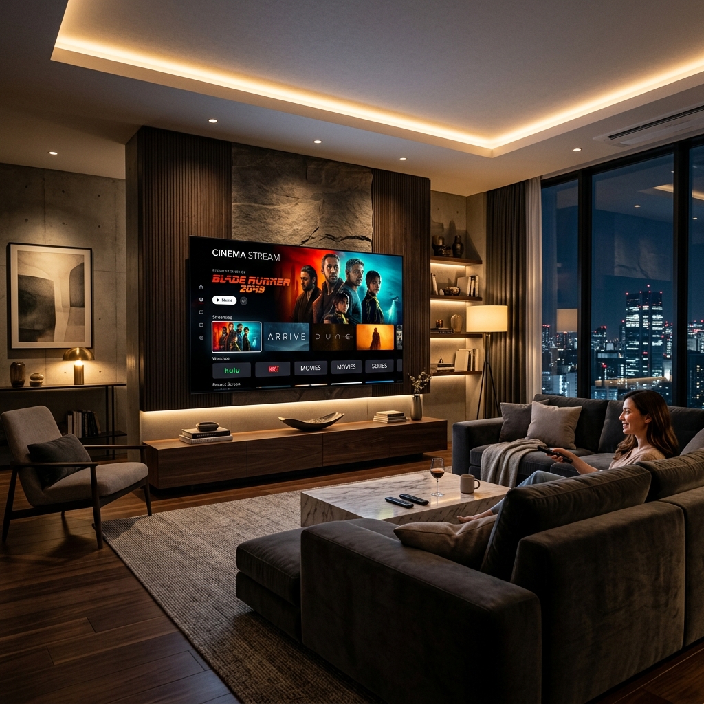 Modern sleek living room setup featuring a smart TV with streaming interface