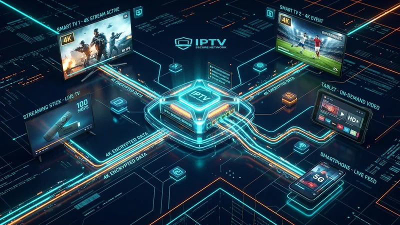3D network visualization showing a central encrypted IPTV server routing concurrent 4K data streams to multiple household screens.