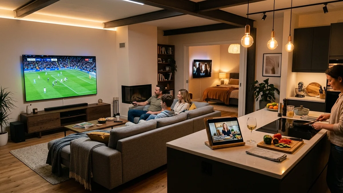 A modern household where family members stream live sports, movies, and cooking shows simultaneously across multiple screens and rooms.