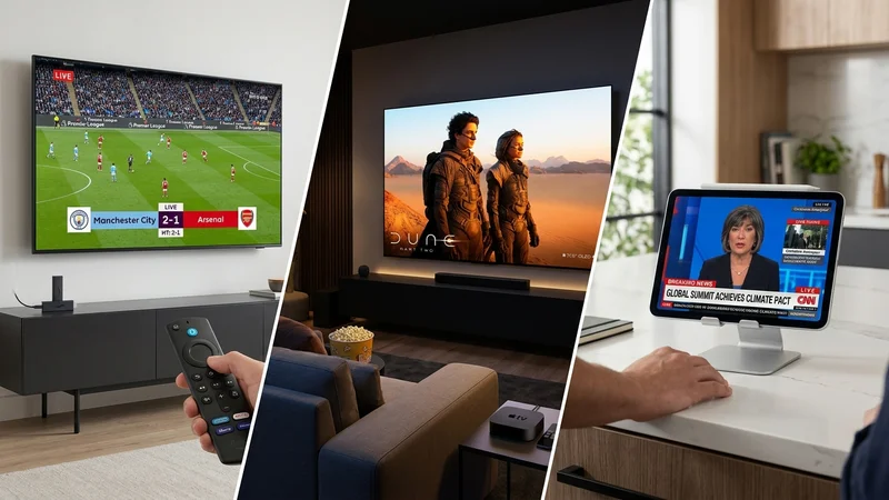 Split composition showing simultaneous live sports on a living room TV, a 4K movie on a bedroom TV, and news on a kitchen tablet.
