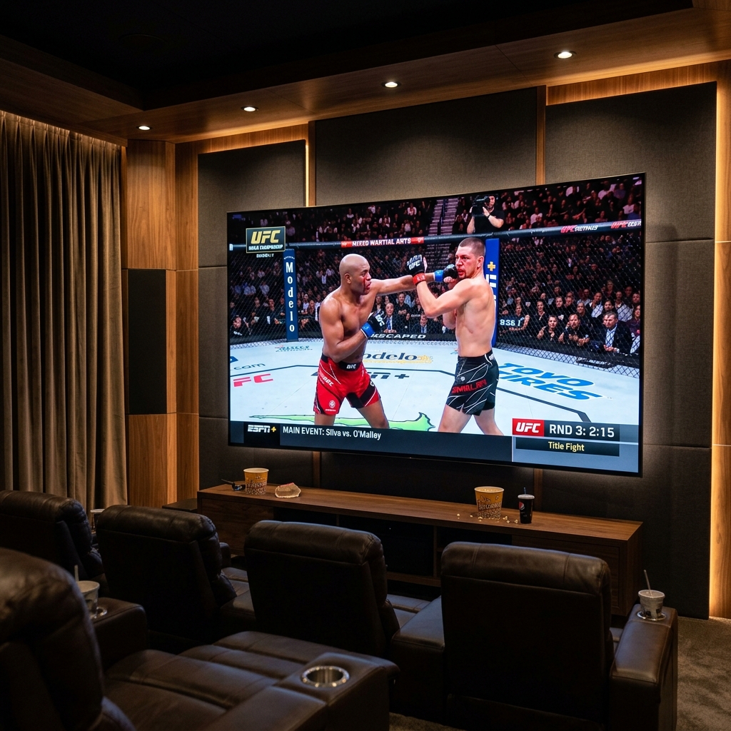 A massive flat screen television in a luxurious home theater displaying a thrilling mixed martial arts championship fight.