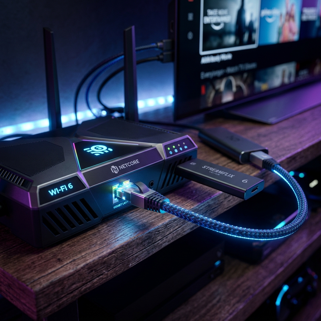 A detailed lifestyle shot of a premium router connected via Ethernet