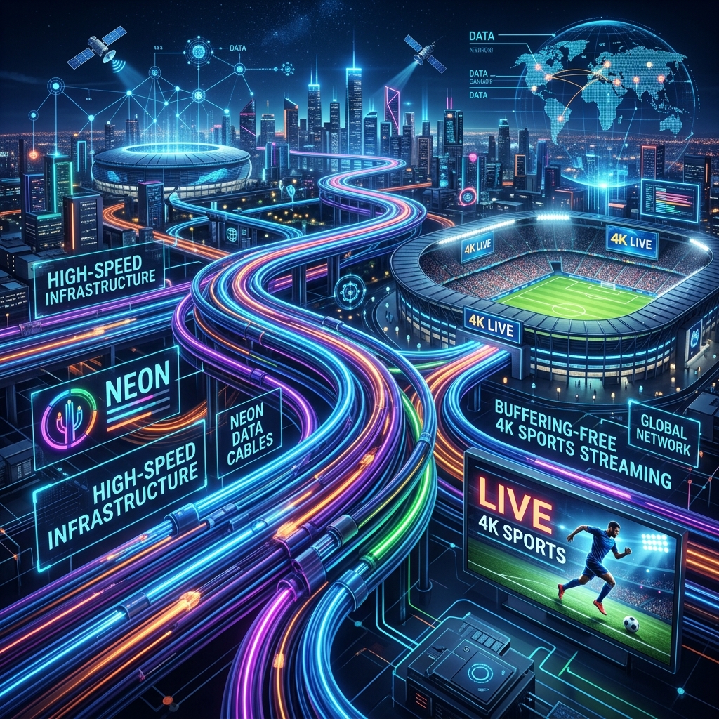 A dynamic graphic showing high-speed internet cables glowing with neon light, representing 4K buffering-free sports streaming infrastructure.