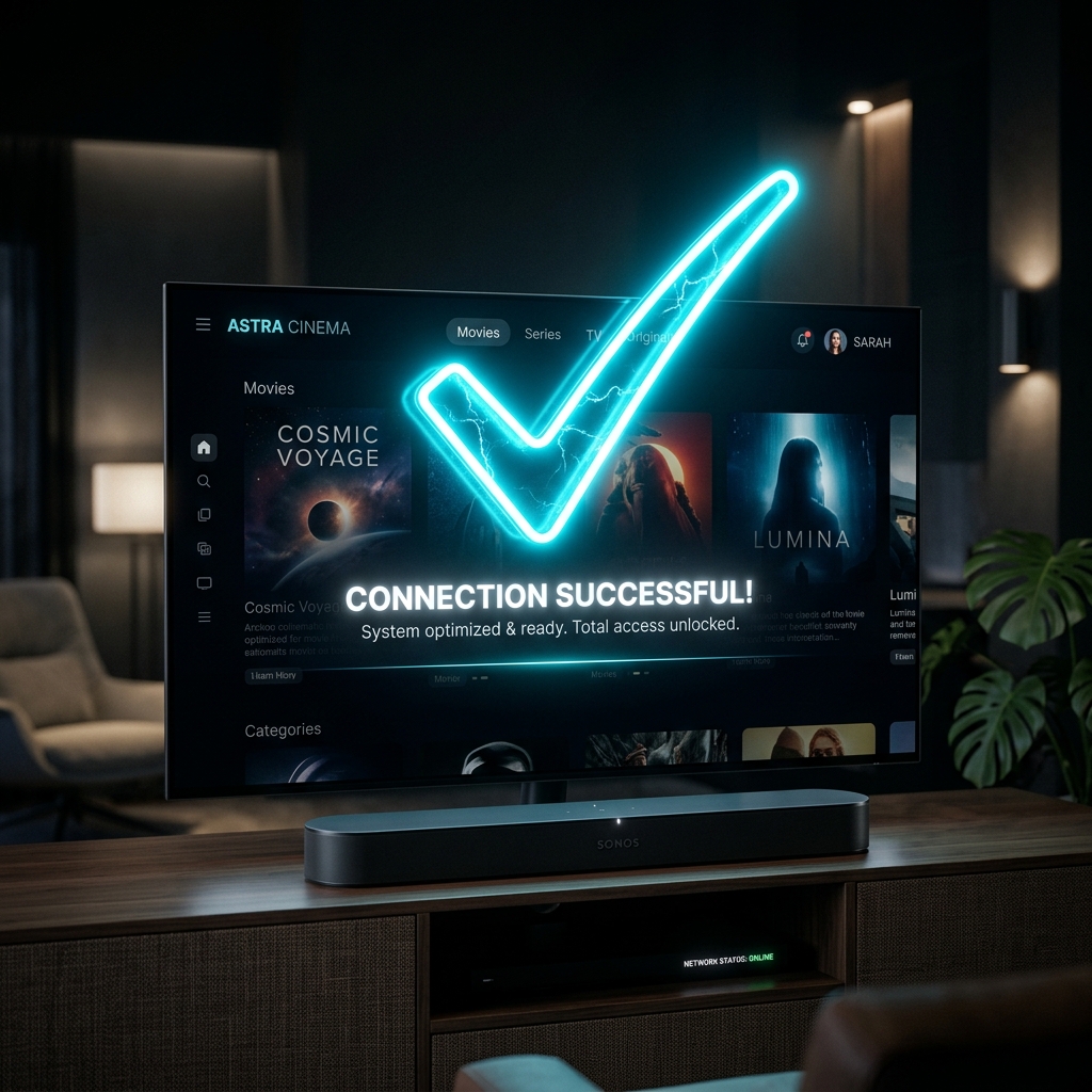 A sleek conceptual image featuring a glowing neon checkmark over a streaming interface