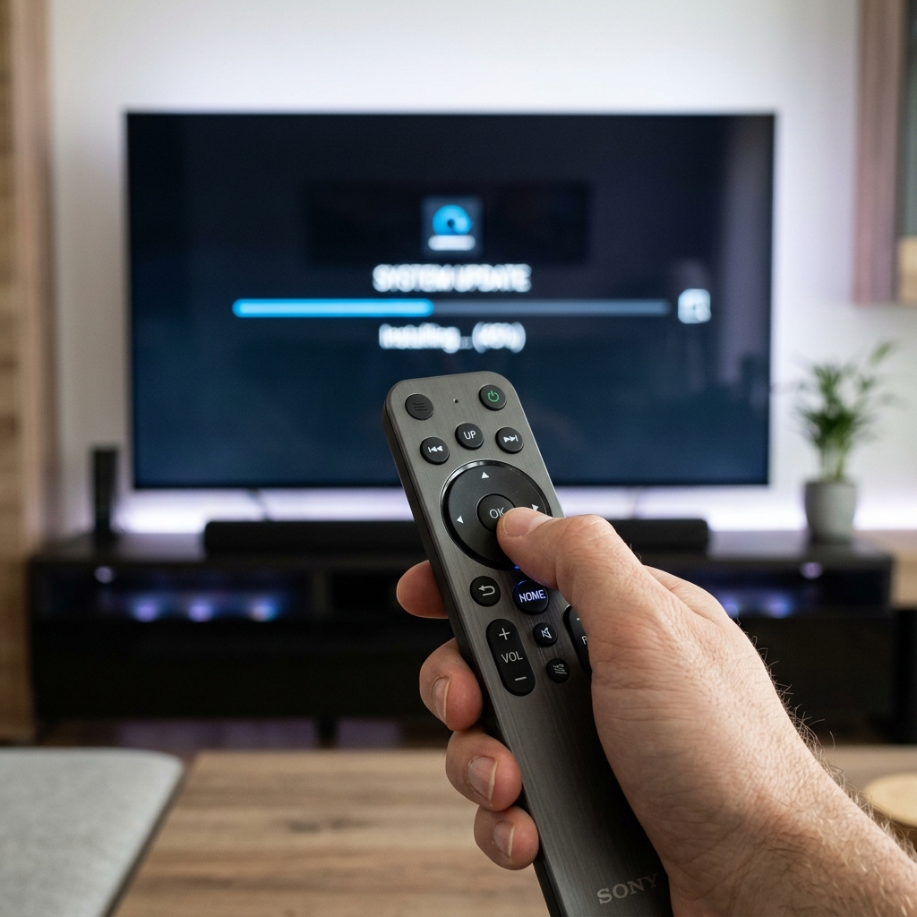 A macro photograph of a person holding a smart TV remote with an installation progress bar on the screen