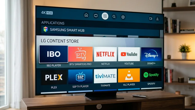 Comparison of Samsung Smart Hub and LG Content Store app storefronts displaying top IPTV player applications.