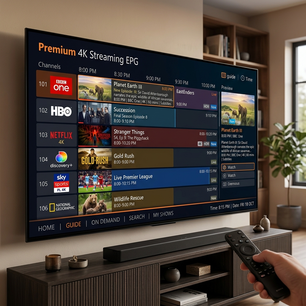 A crisp, high-definition television screen displaying a colorful, well-organized electronic program guide (EPG) with channel logos and show descriptions.