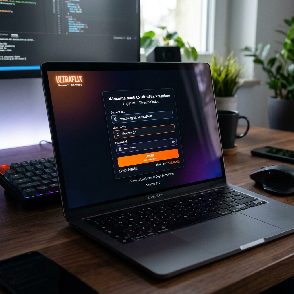 A sleek digital interface showing an Xtream Codes login screen for a premium streaming application.