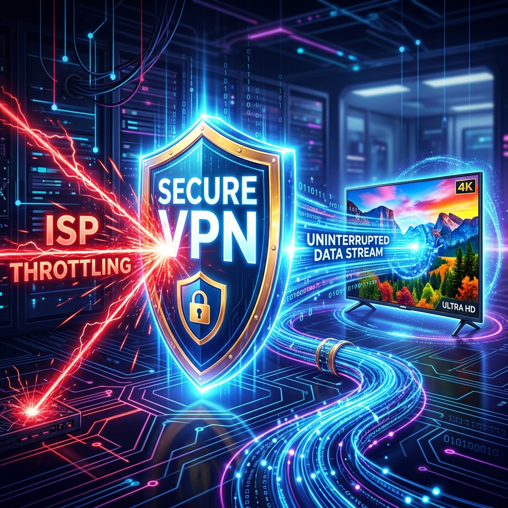 A dynamic digital illustration showing a secure VPN shield blocking a red 'ISP Throttling' laser beam.