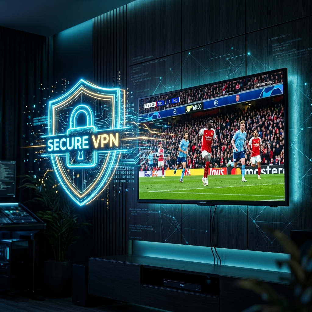 Conceptual image featuring a glowing digital shield representing a secure VPN connection