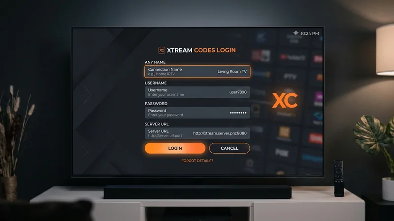 High-resolution Smart TV screen showing the on-screen Xtream Codes API login dialog with Server URL, Username, and Password.